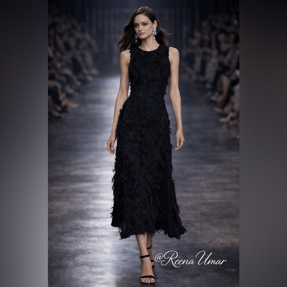 BCBGMAXAZRIA Black Feather-Texture Midi Dress – NWT – Size XXS
